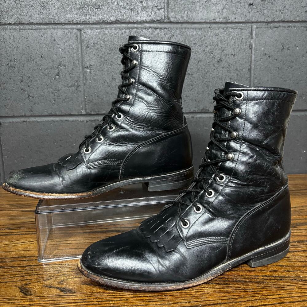 Vintage Justin Lace Up Roper Boots Women’s 8.5B Black Leather Kiltie USA Western - Picture 2 of 8